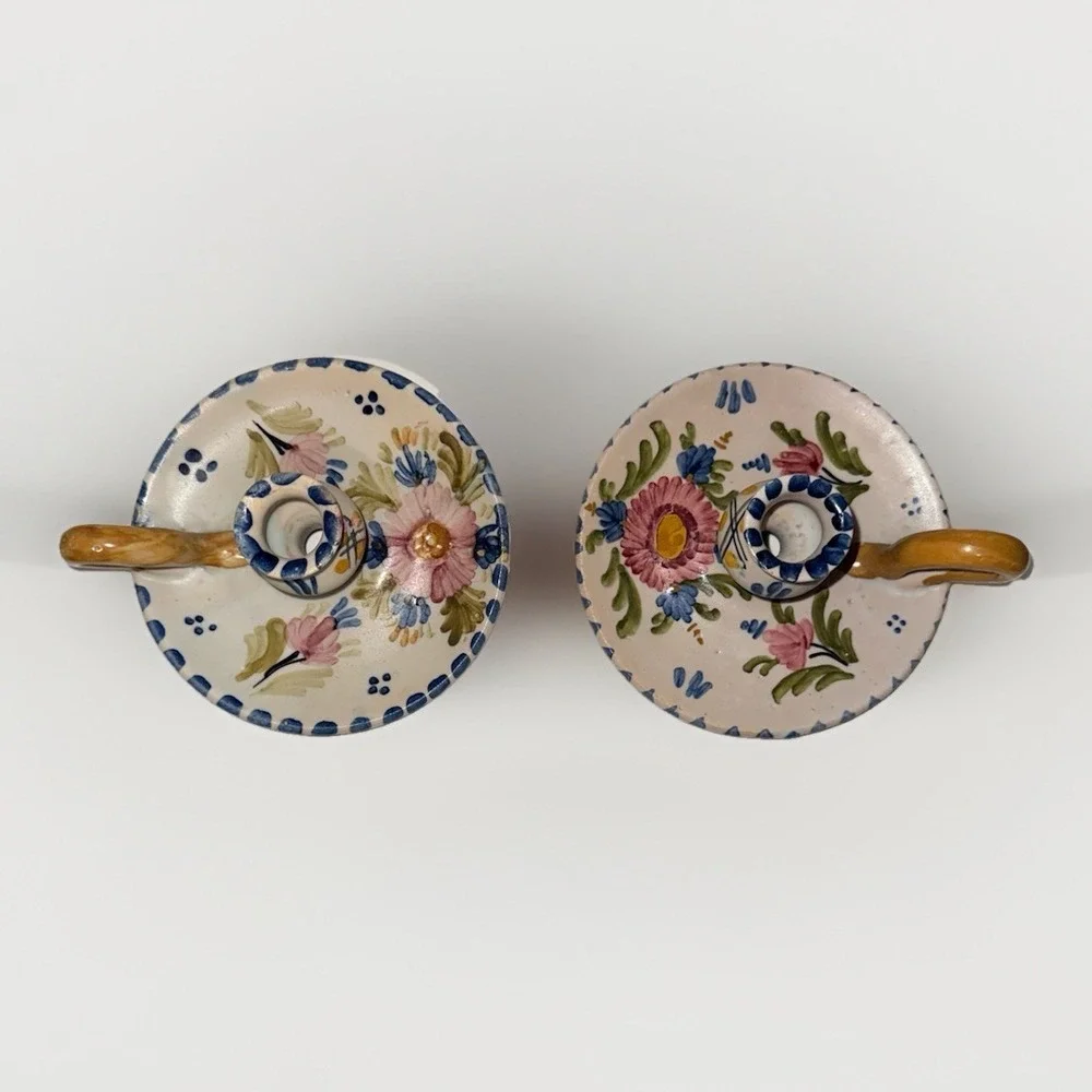 Talavera Espana Hand Painted Floral Ceramic Chamberstick Candle Holders Pair
